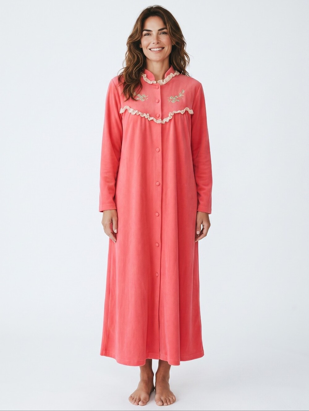 Vintage Coral Button-Front Embroidered Robe with Ruffle Trim